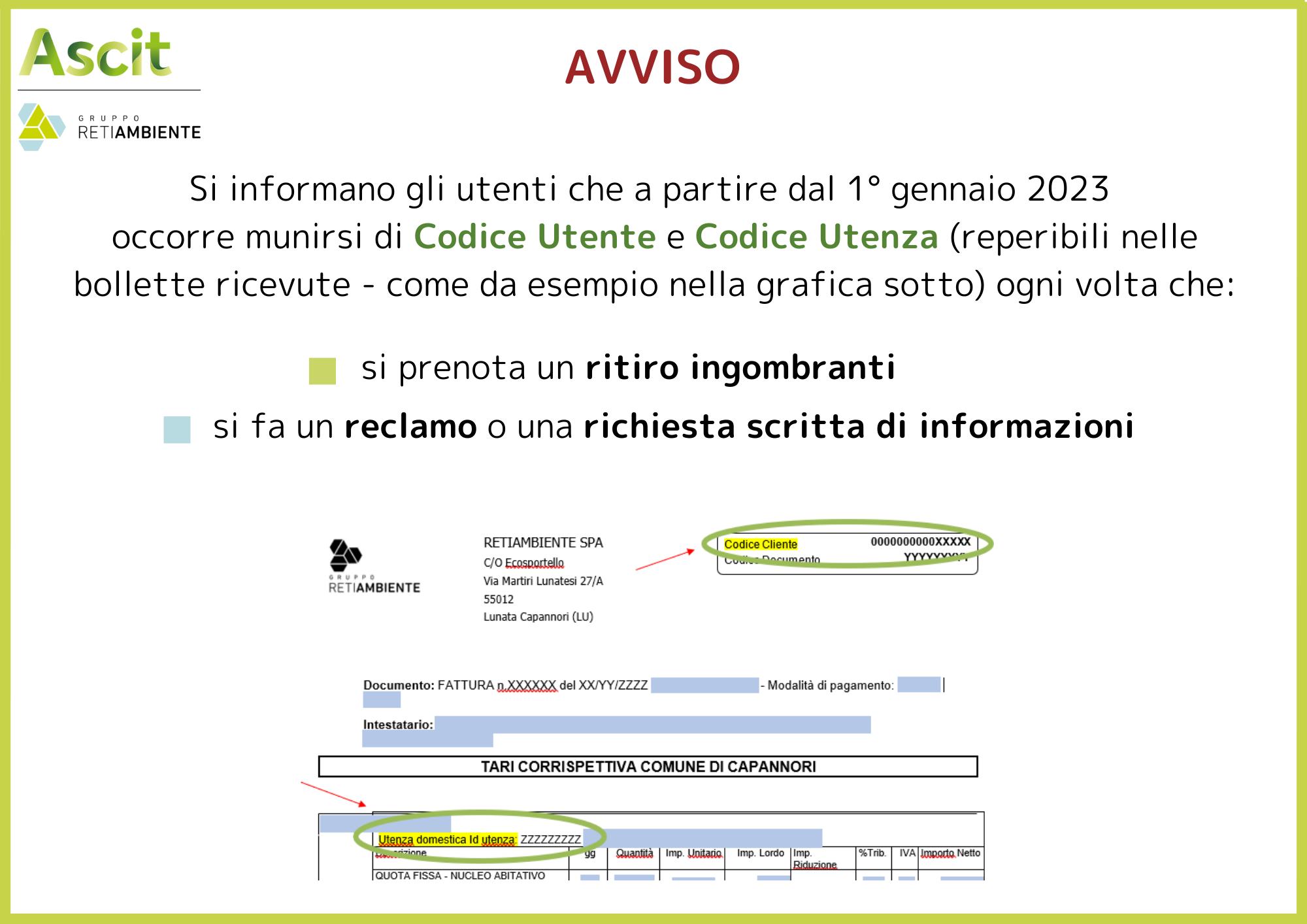 Avviso per Codice utenza e Codice utente