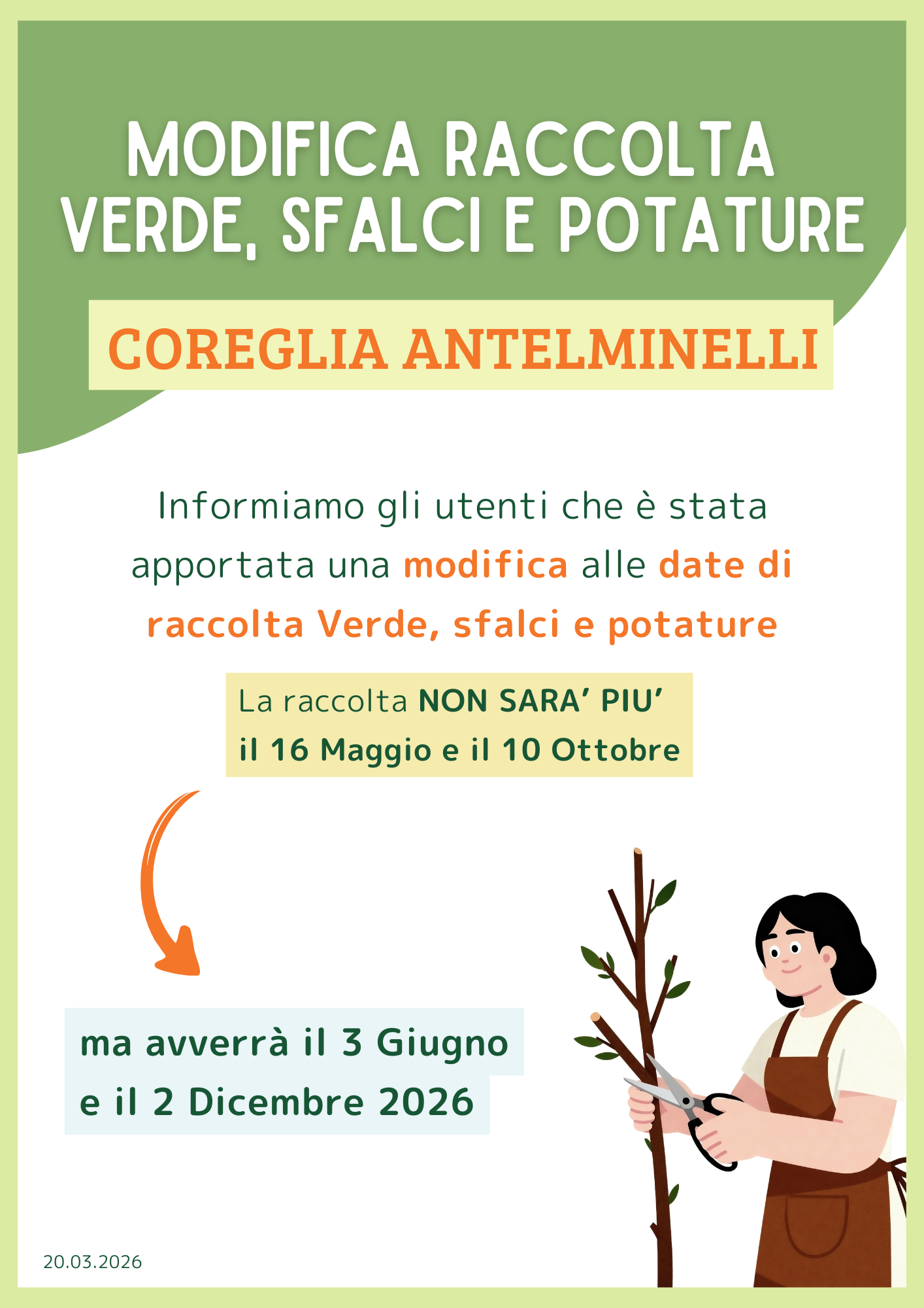 Pop up che informa sulla modifica alle date di raccolta Verde, sfalci e potature nel Comune di Coreglia Antelminelli