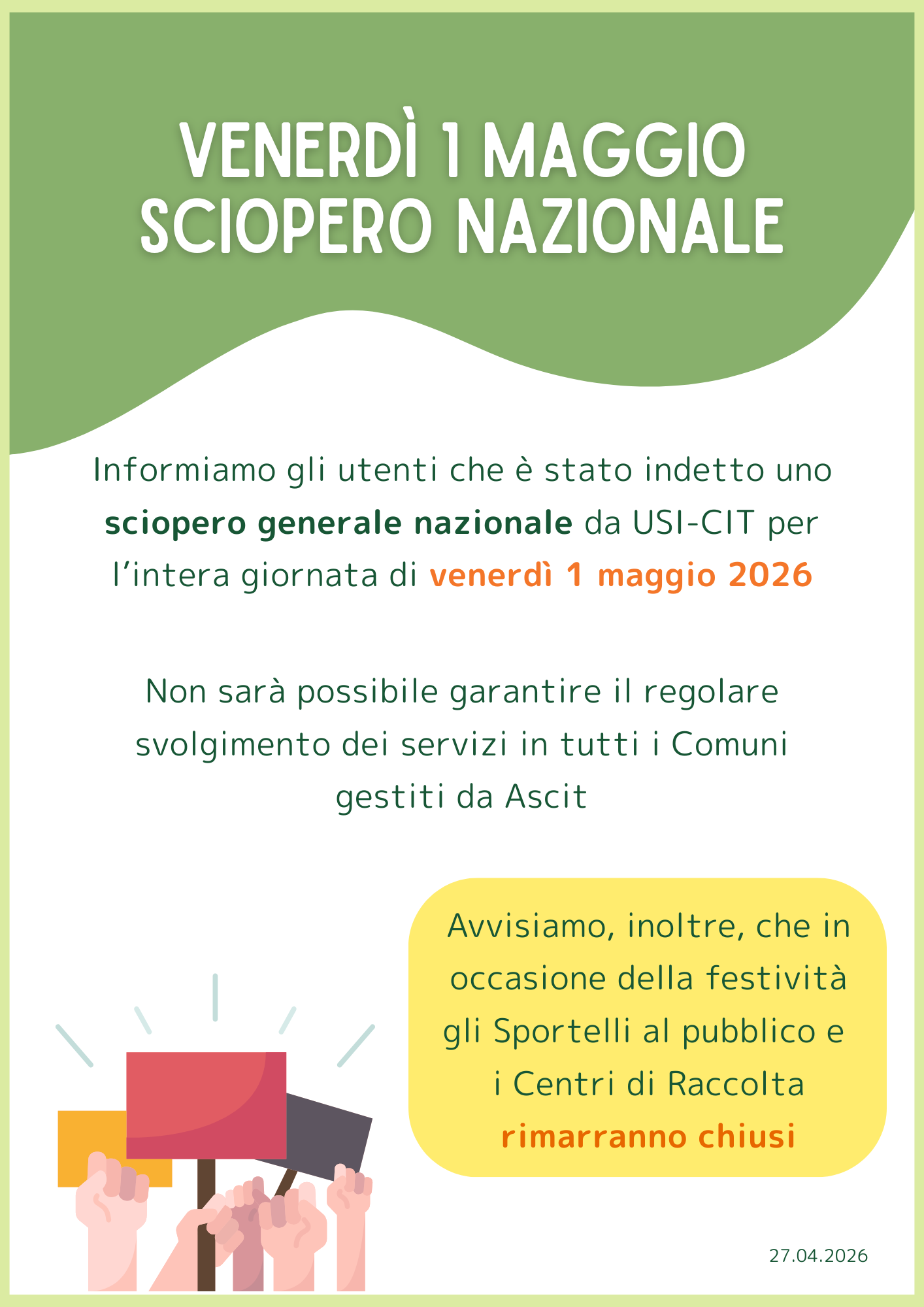 avviso sciopero 1 maggio 2026