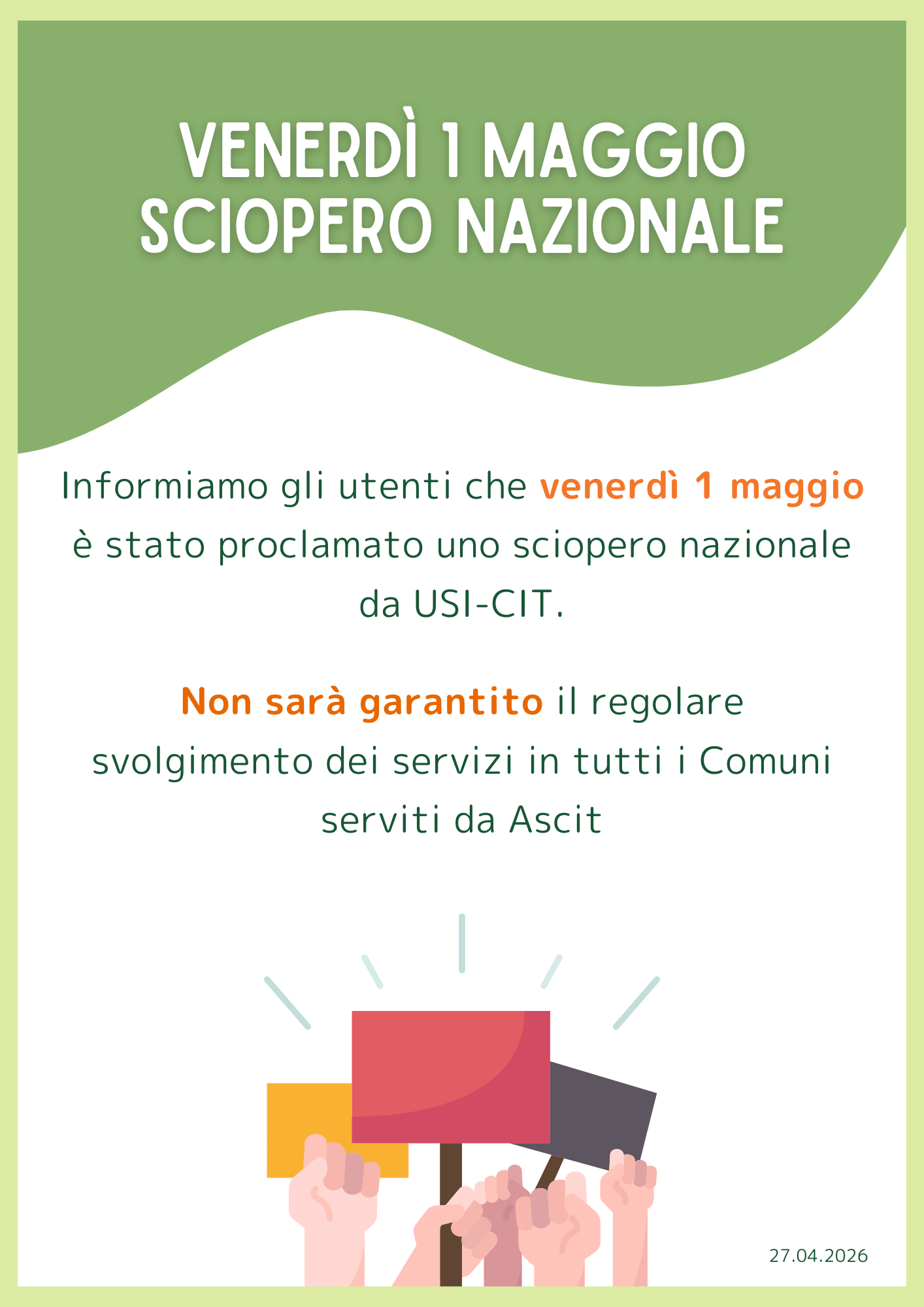 avviso sciopero 1 maggio 2026