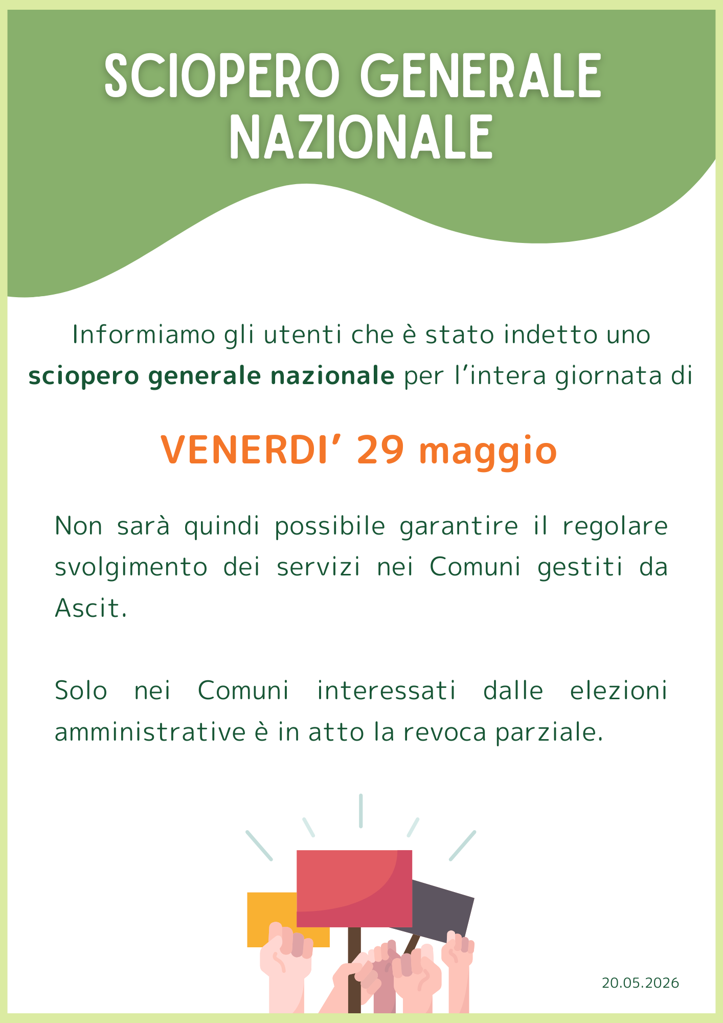 Sciopero generale nazionale venerdì 29 maggio 2026