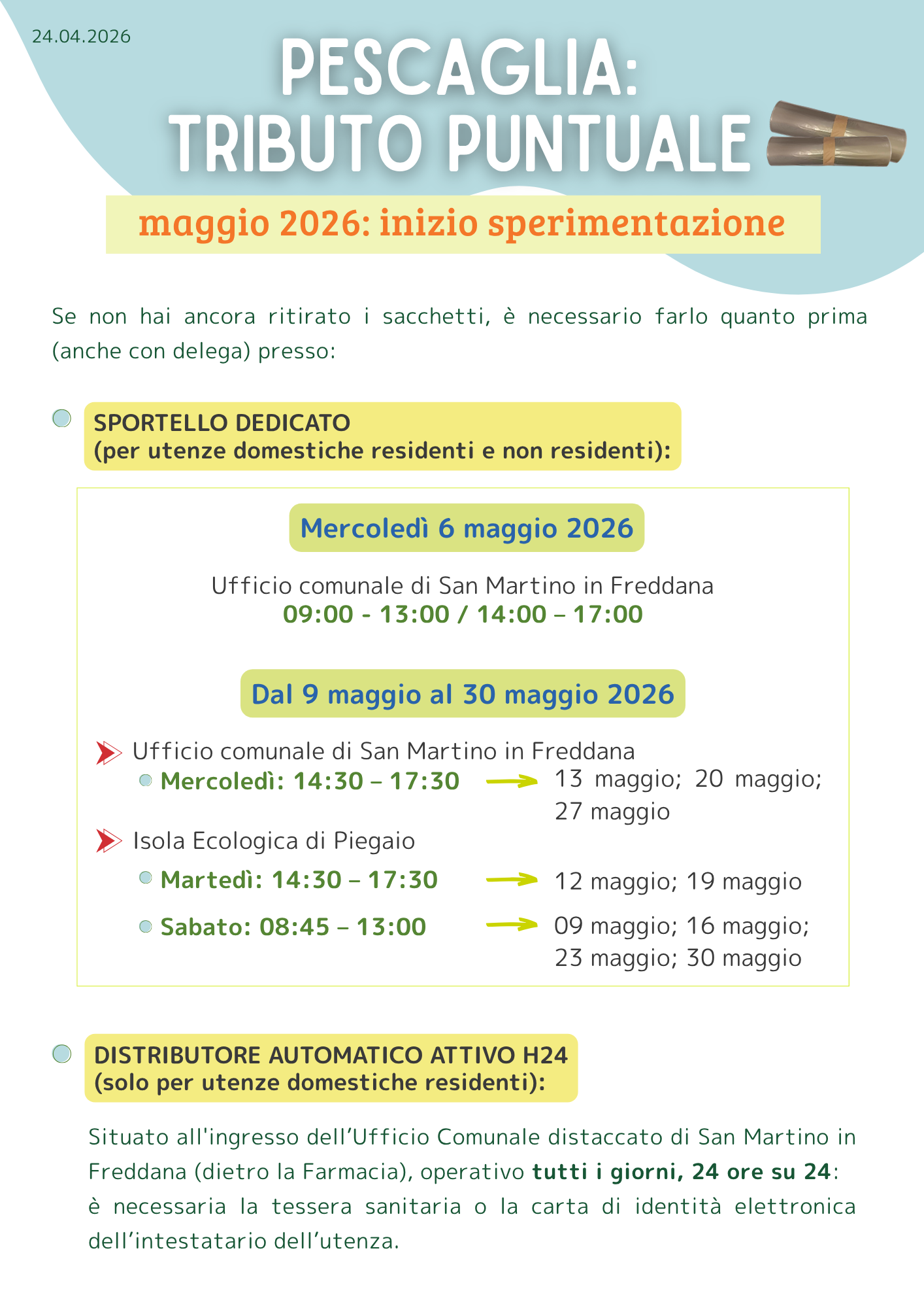 Fase di sperimentazione del Tributo Puntuale a Pescaglia dal 6 maggio 2026: dove ritirare i sacchi se non lo hai ancora fatto