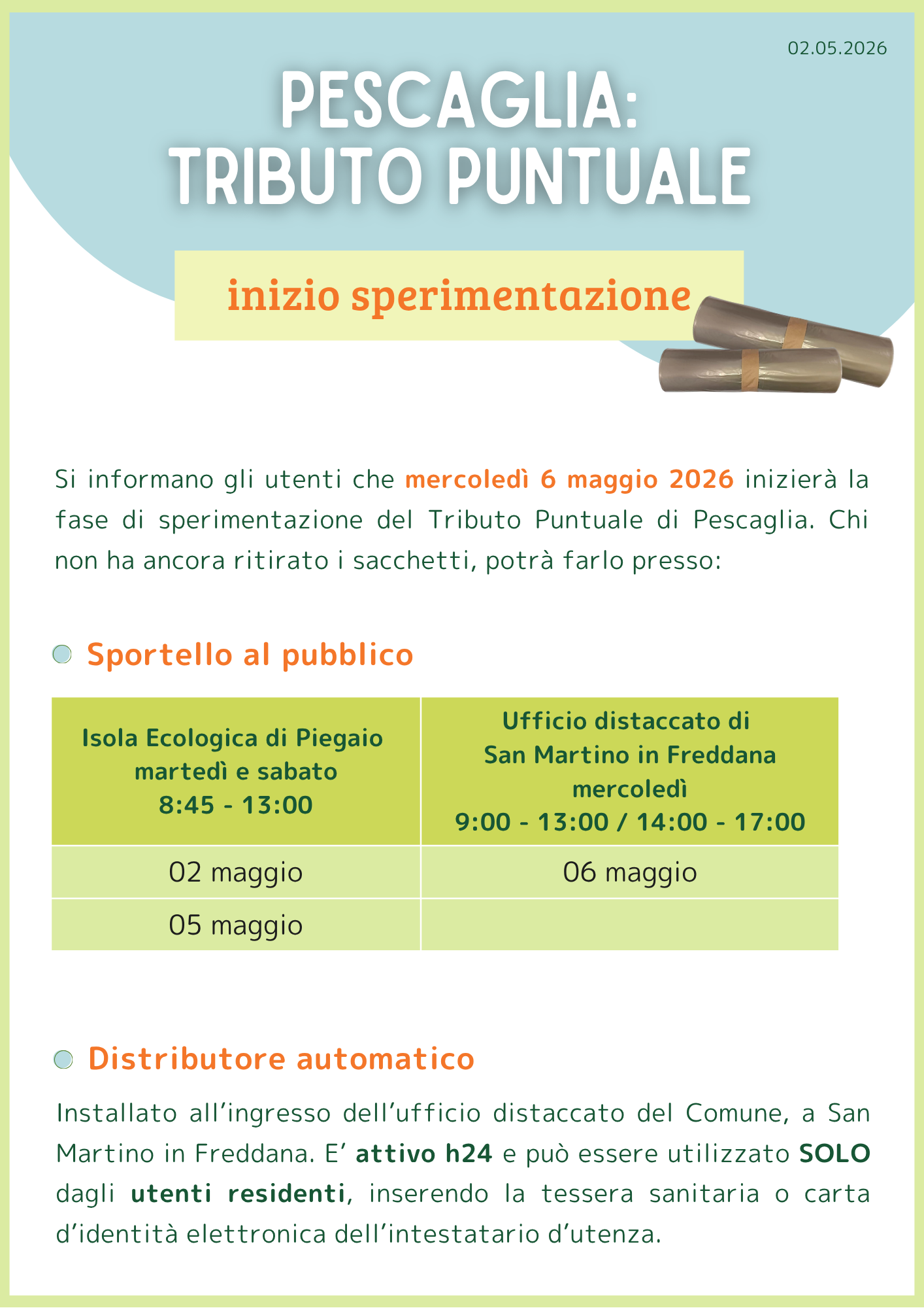 POP UP Tributo Pescaglia inizio 6 maggio: ritiro sacchi grigi
