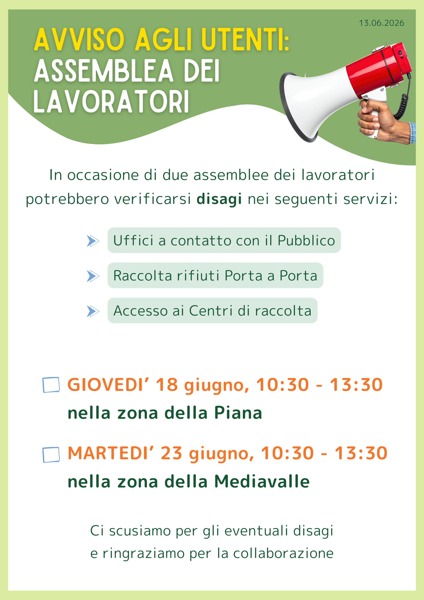 Avviso assemblee lavoratori 18 giugno zona Piana e 23 giugno zona Mediavalle