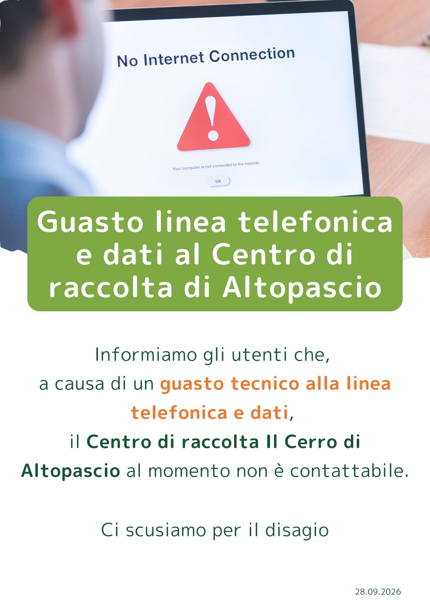 pop up per guasto linea telefono e dati CDR Altopascio